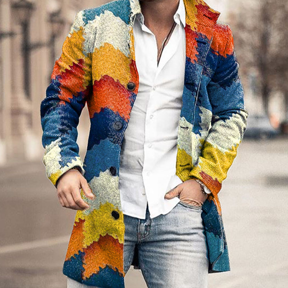 Print Color Block Mid-Length Lapel Single-Breasted Men's Coat