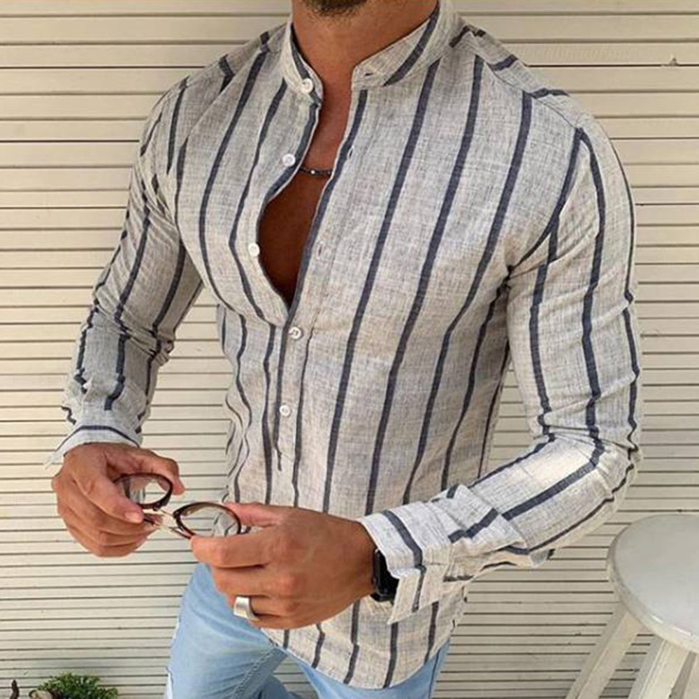 Stand Collar Stripe Button Casual Slim Men's Shirt