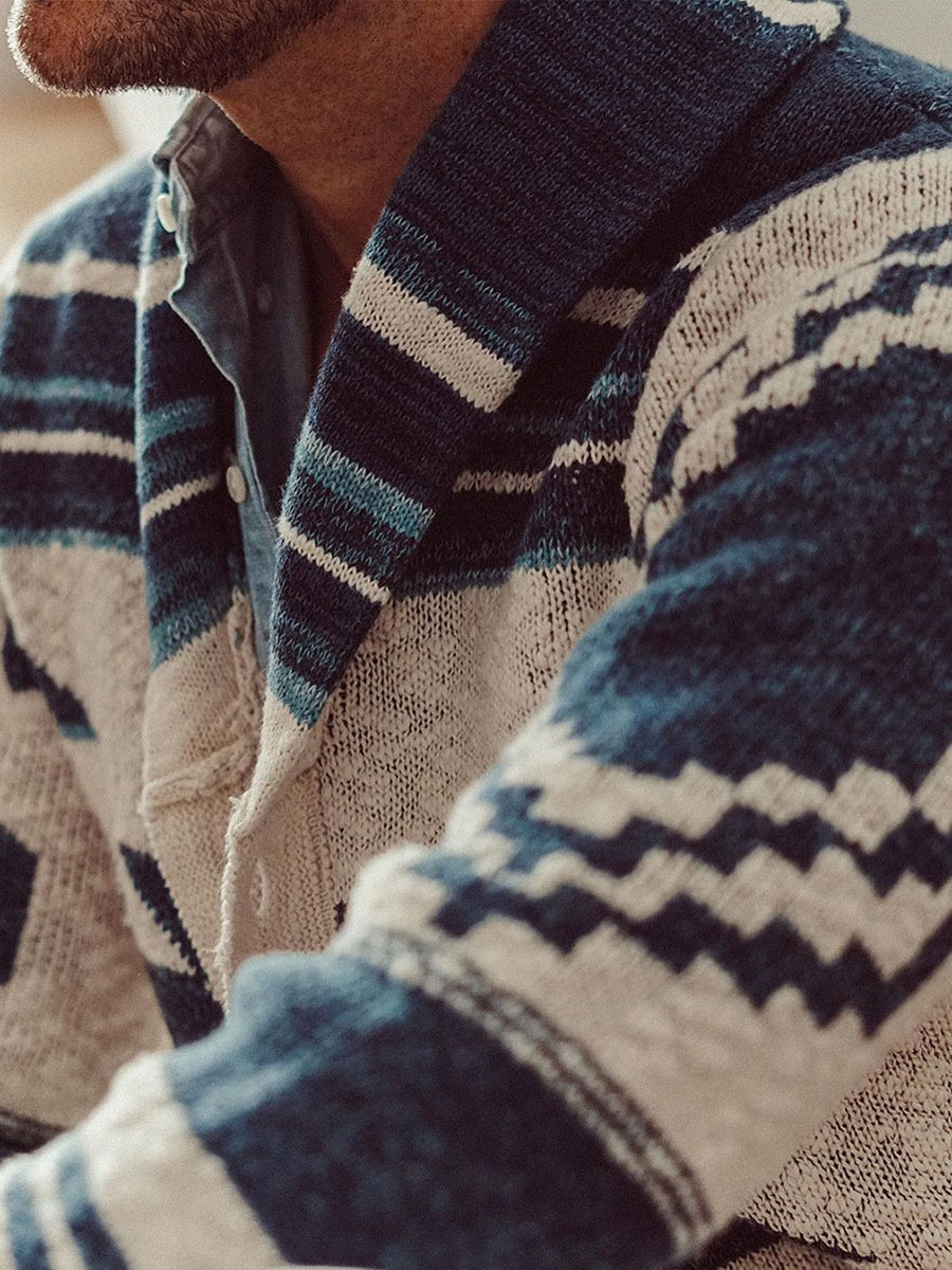 Button Standard Color Block Winter Men's Sweater