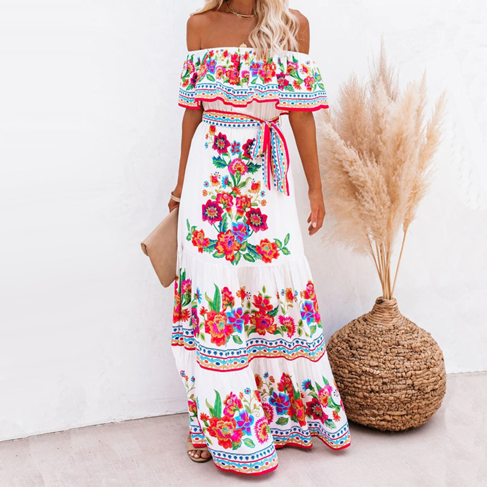 Print Ankle-Length Short Sleeve Off Shoulder Floral Women's Dress - Maxi Dress