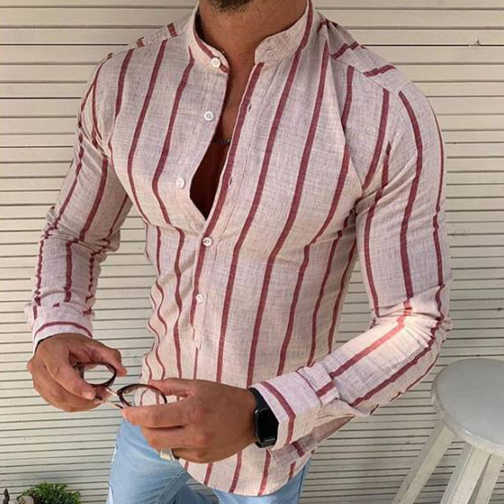 Stand Collar Stripe Button Casual Slim Men's Shirt