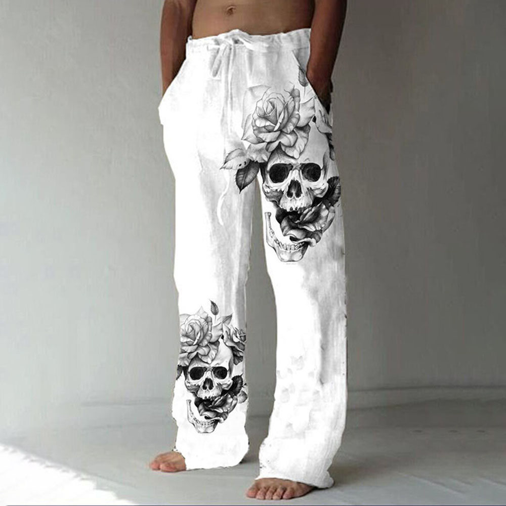 Pocket Skull Straight Lace-Up Men's Casual Pants