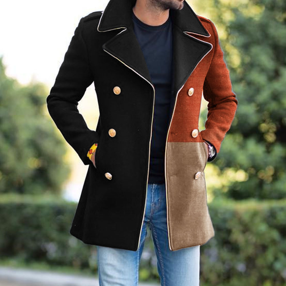 Lapel Color Block Pocket Mid-Length Fall Men's Coat