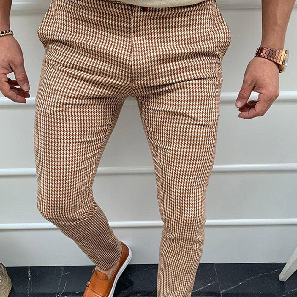 Print Plaid Zipper Men's Casual Pants