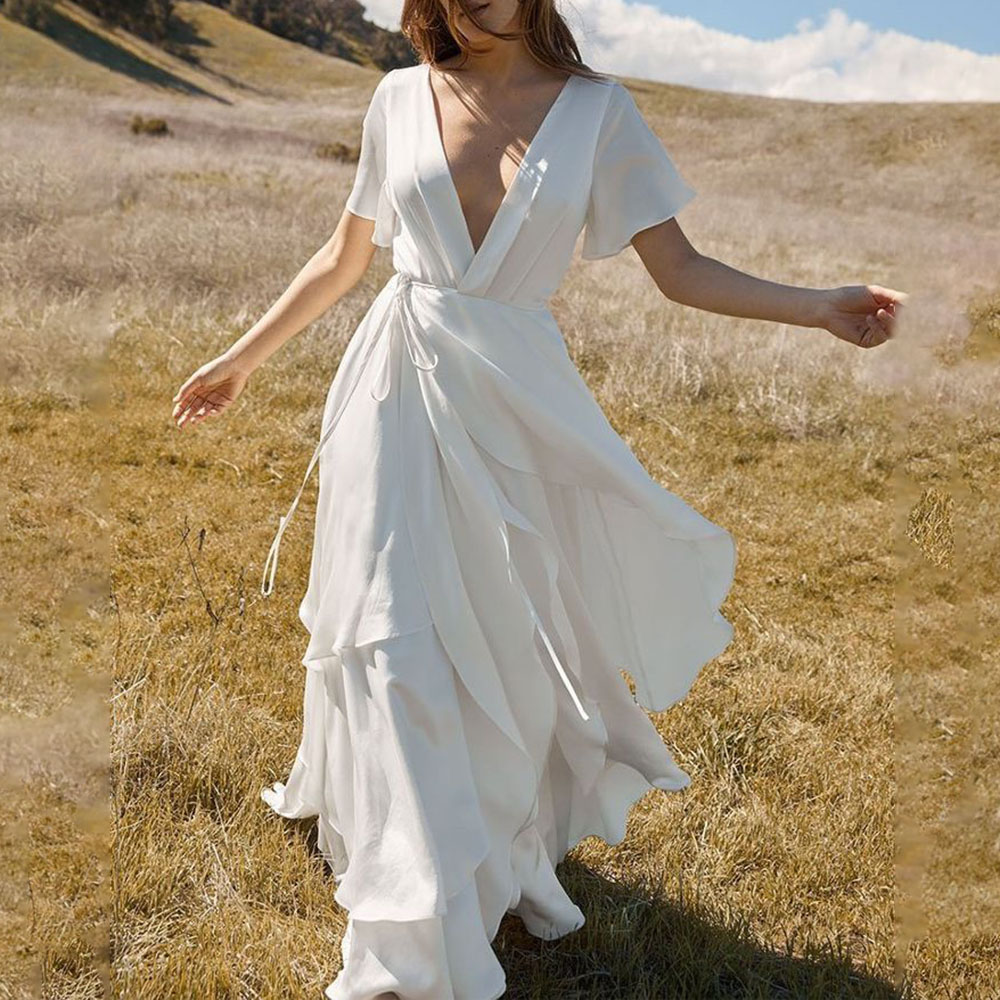 Short Sleeve V-Neck Floor-Length Patchwork Plain Women's Dress - Maxi Dress