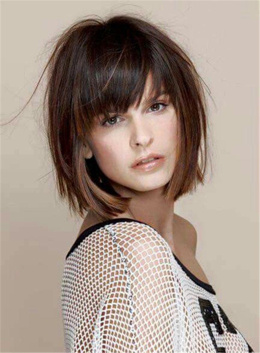 Women Bob Wigs With Bangs Straight Capless Human Hair 8 Inches 120% Wigs