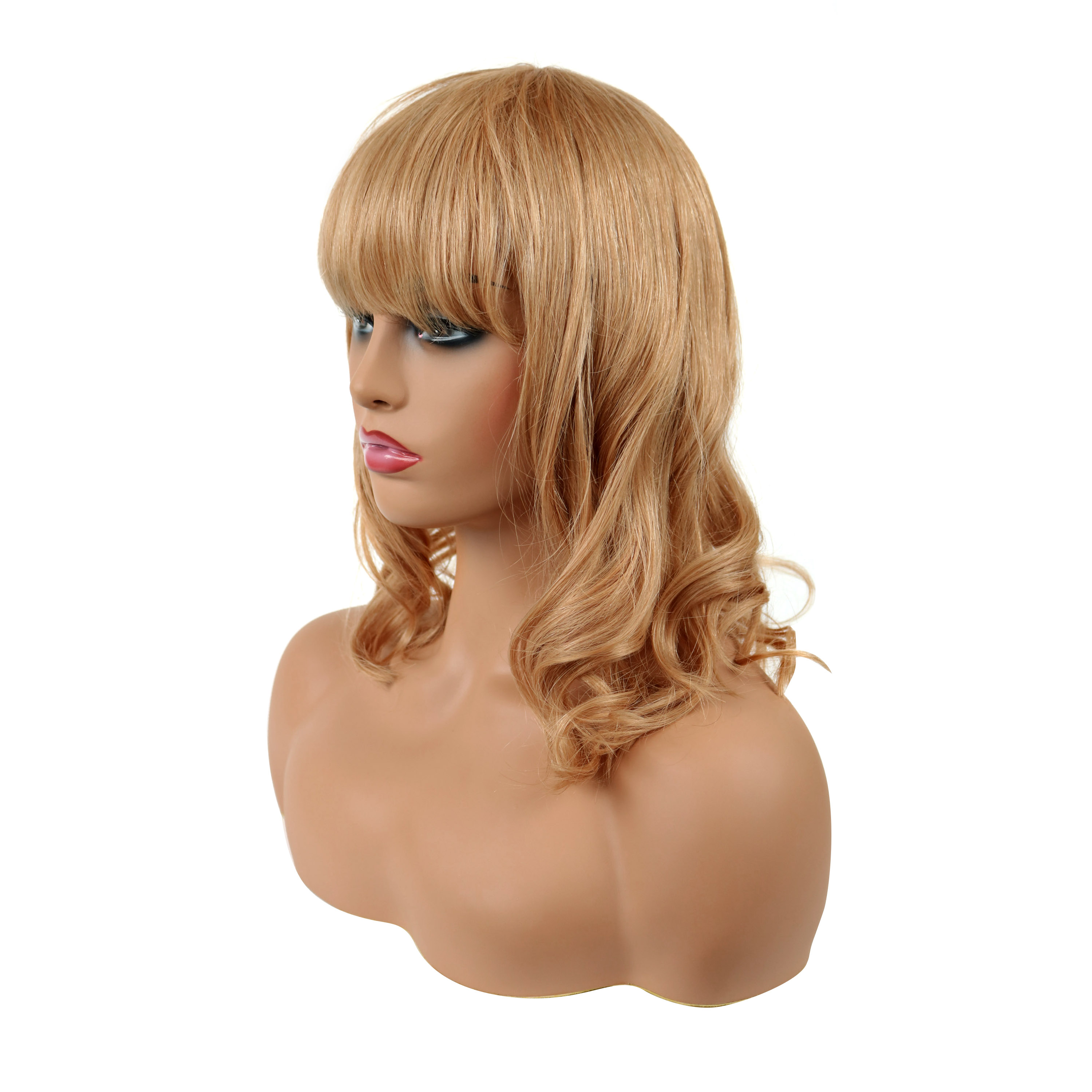 Wavy Human Hair Capless 120% 16 Inches Wigs With Full Bangs