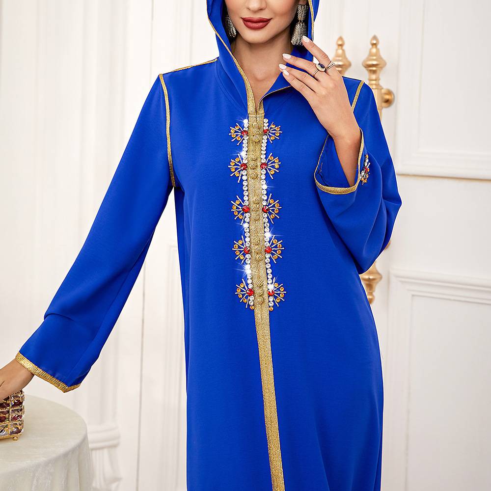 Caftan V-Neck Ankle-Length Long Sleeve Rhinestone Pullover Women's Dress