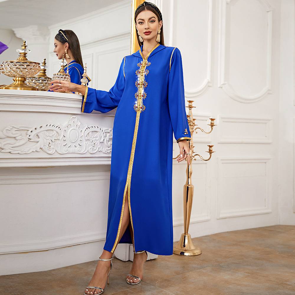 Caftan V-Neck Ankle-Length Long Sleeve Rhinestone Pullover Women's Dress