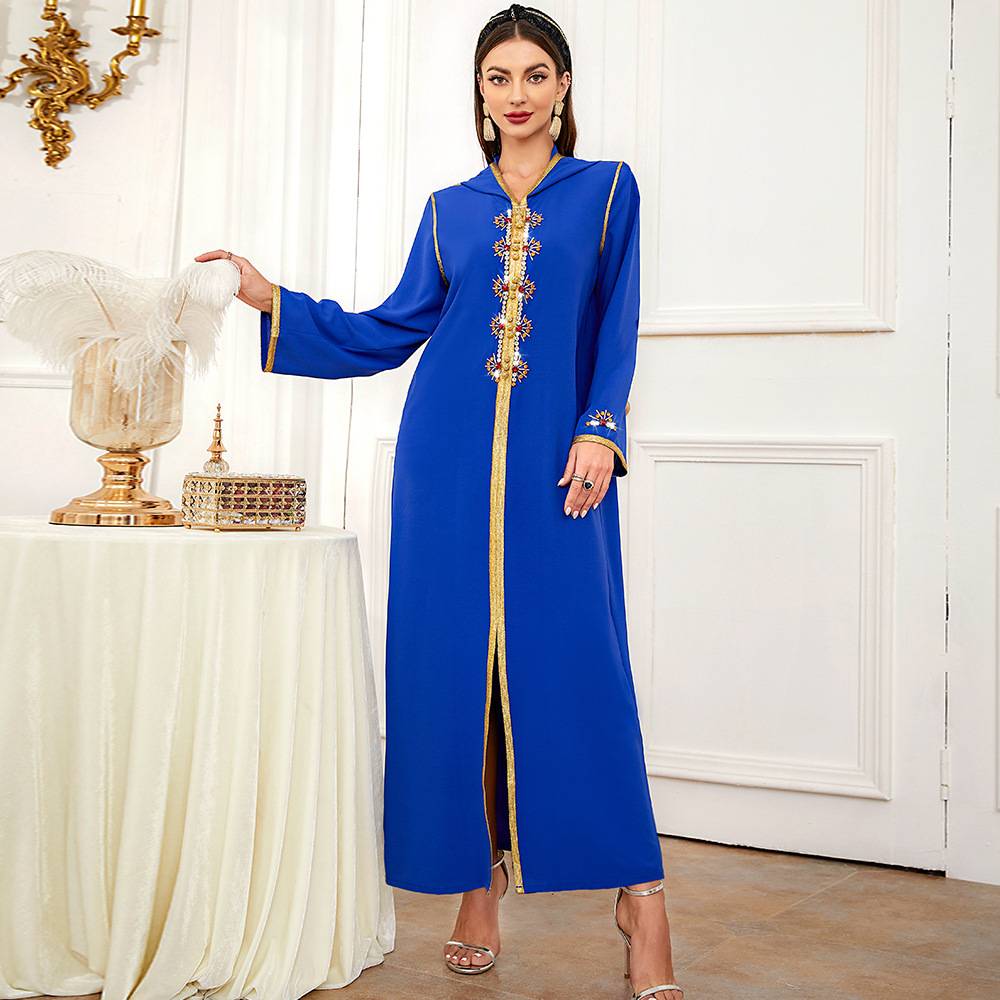 Caftan V-Neck Ankle-Length Long Sleeve Rhinestone Pullover Women's Dress