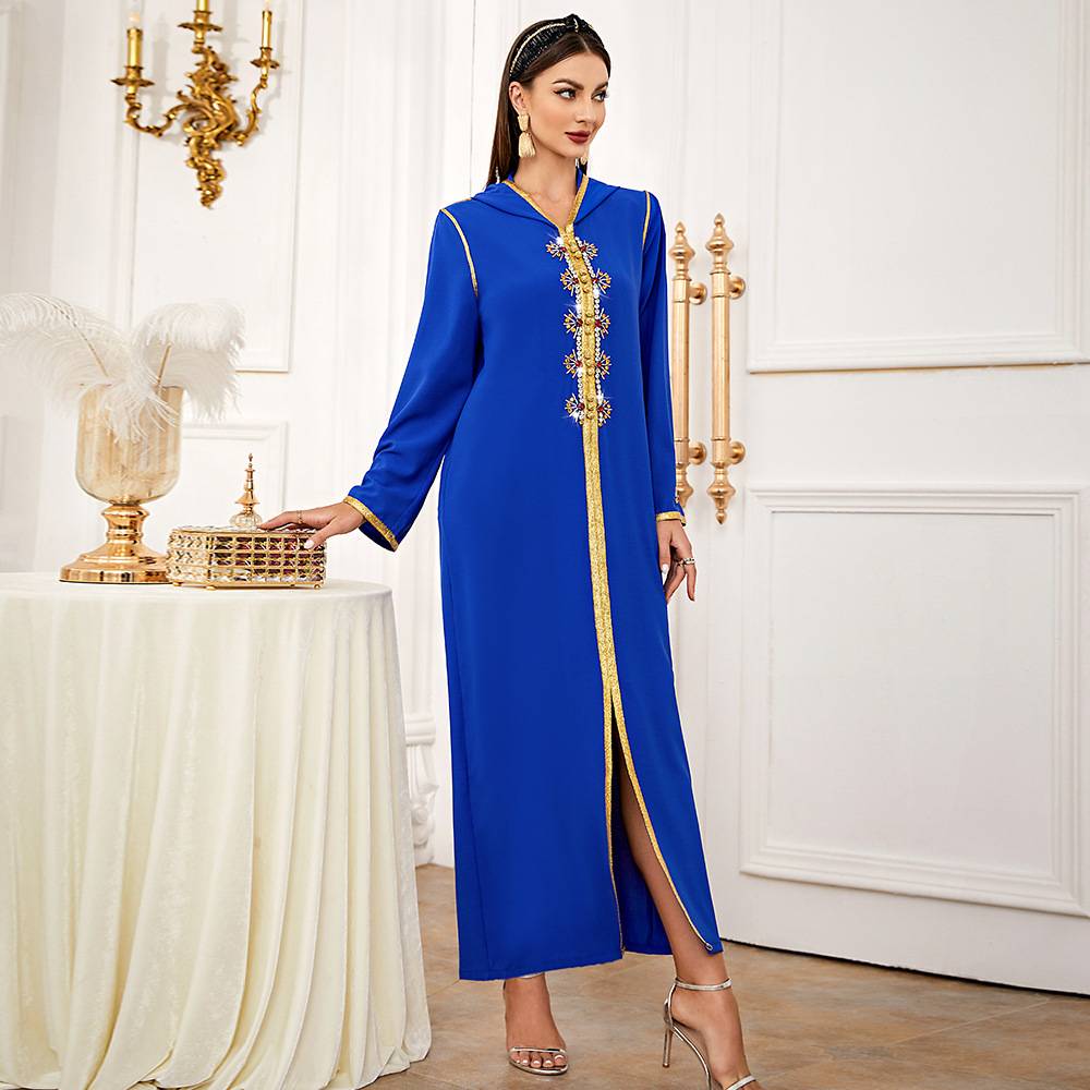 Caftan V-Neck Ankle-Length Long Sleeve Rhinestone Pullover Women's Dress