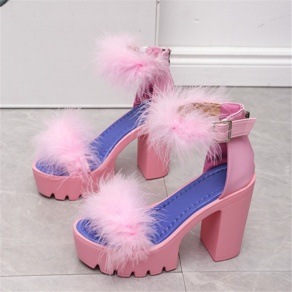 Buckle Round Toe Feather Sandals