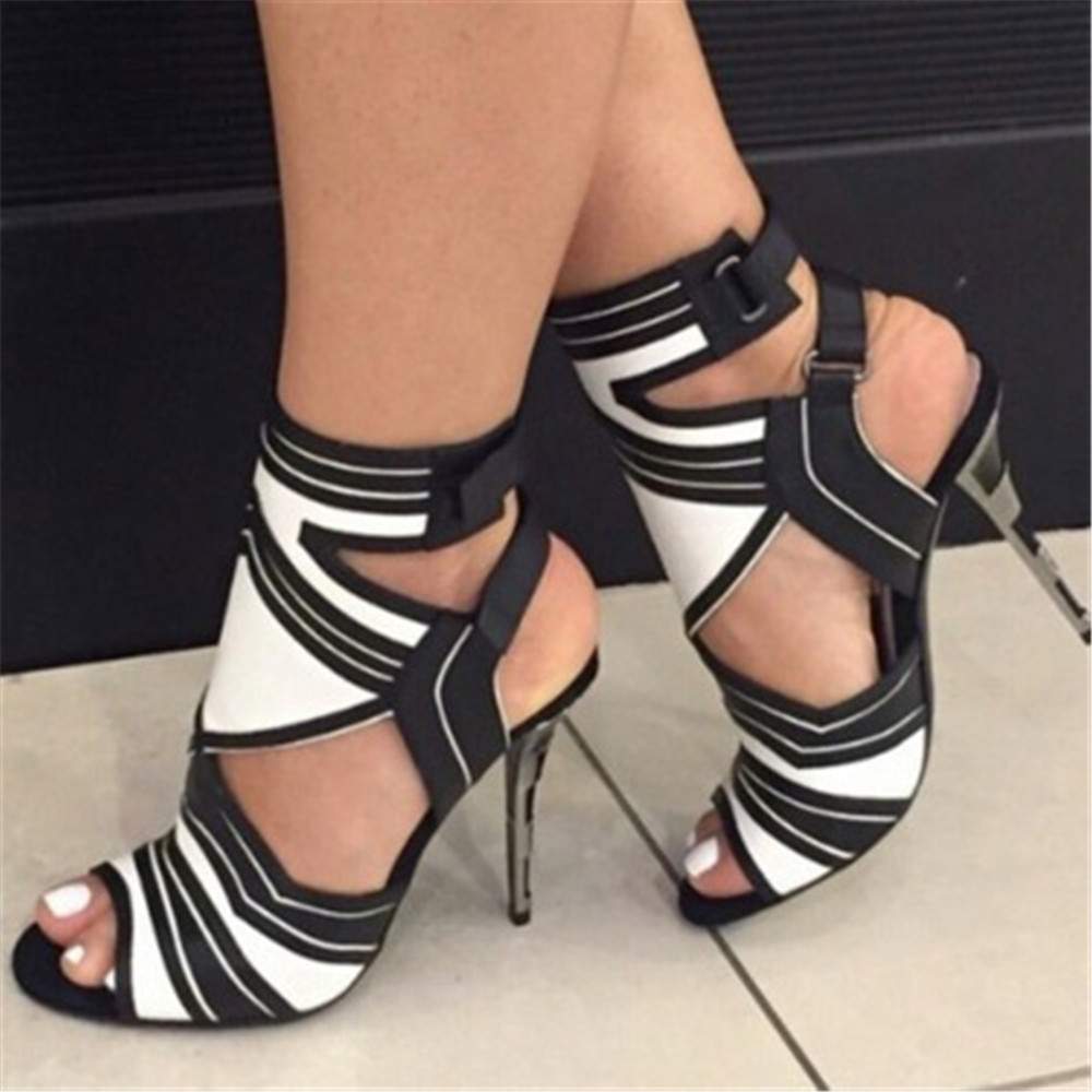 Velcro Stiletto Heel Open Toe Zebra Sandals