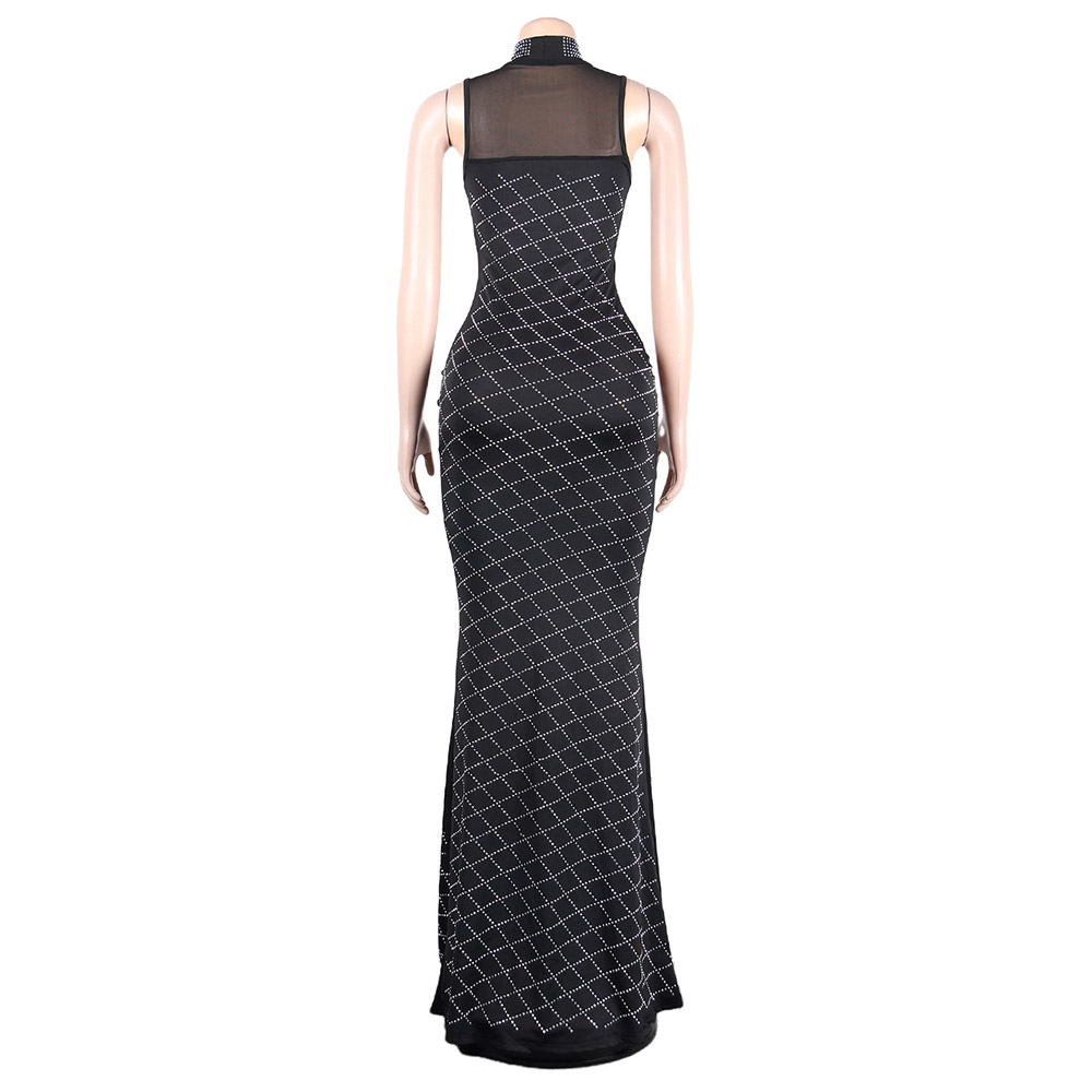 Rhinestone Stand Collar Sleeveless Floor-Length High Waist Women's Dress