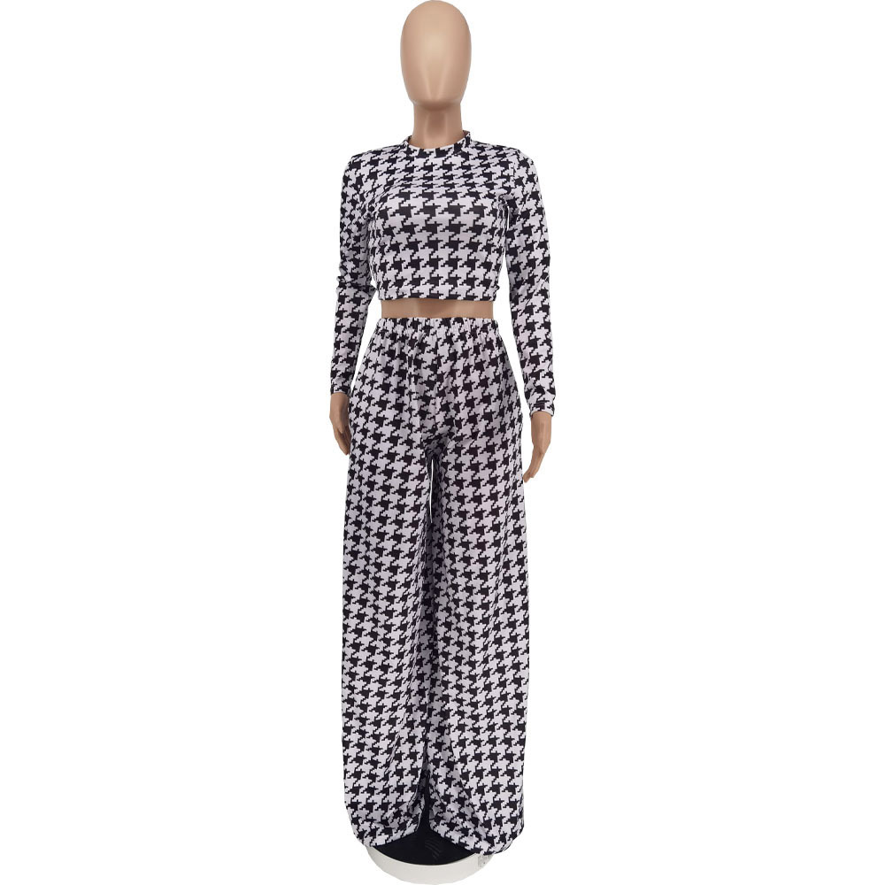 T-Shirt Print Houndstooth Fashion Pullover Women's Two Piece Sets