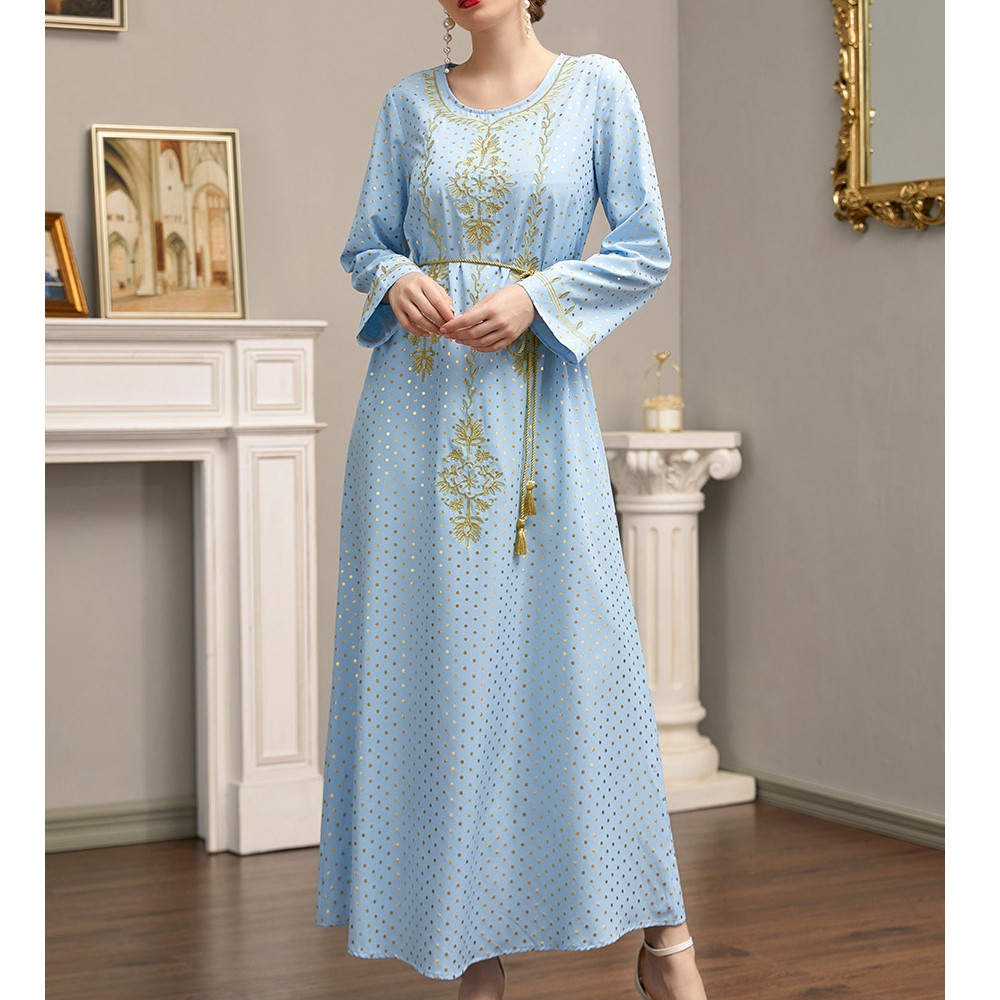 Maxi Dress For Women | Long Sleeve Embroidery Ankle-Length Round Neck Polka Dots Women's Dress