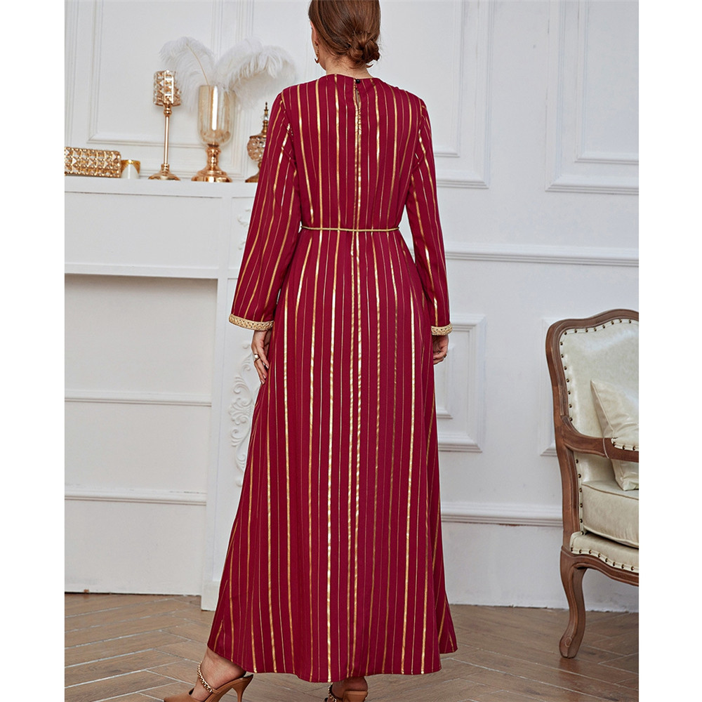 Maxi Dress For Women | Ankle-Length Round Neck Belt Long Sleeve Pullover Women's Dress