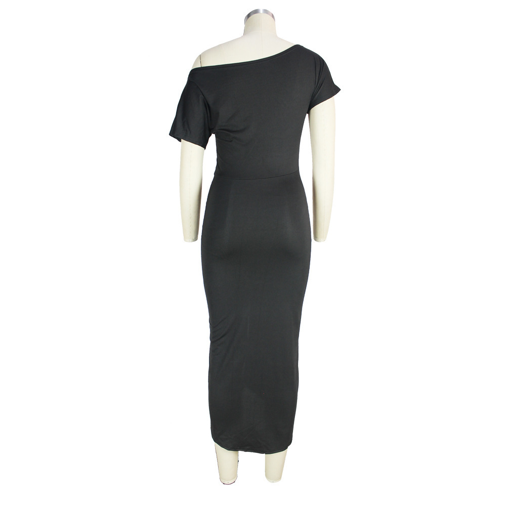 One-shoulder Pleated Dress | Oblique Collar Short Sleeve Ankle-Length Split Plain Women's Dress