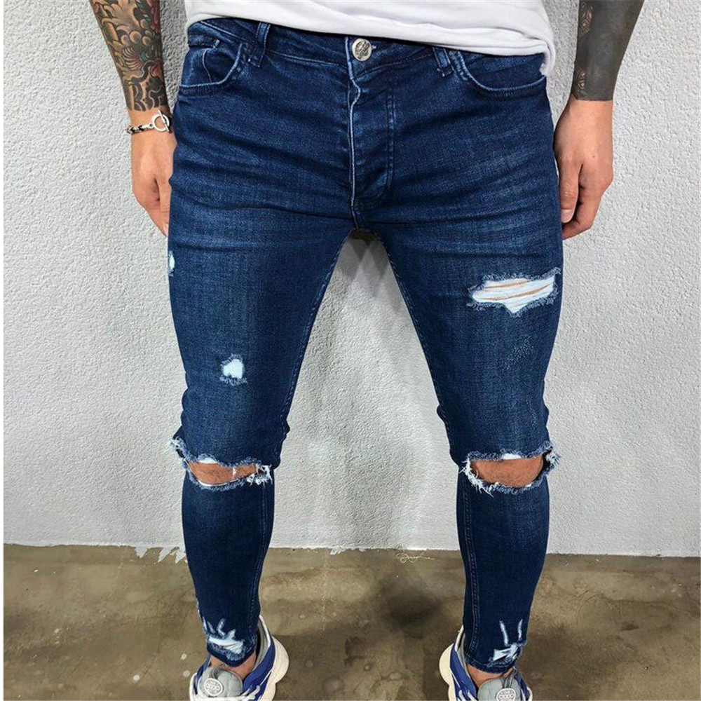 Pencil Pants Thin Plain Hole Mid Waist Men's Jeans