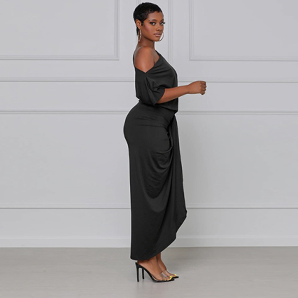 One-shoulder Pleated Dress | Oblique Collar Short Sleeve Ankle-Length Split Plain Women's Dress