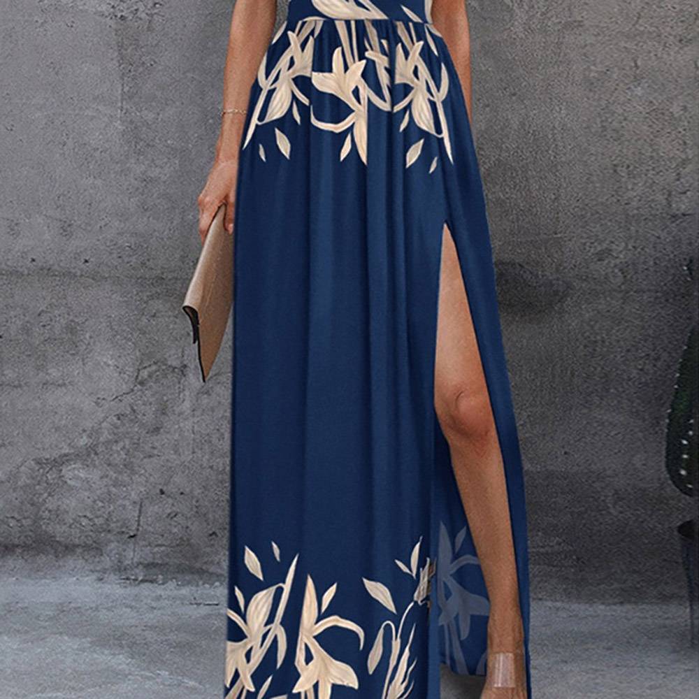 Women's Maxi Dress Floor-Length Sleeveless Oblique Collar Print High Waist Women's Dress