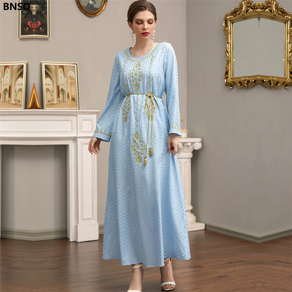 Maxi Dress For Women | Long Sleeve Embroidery Ankle-Length Round Neck Polka Dots Women's Dress