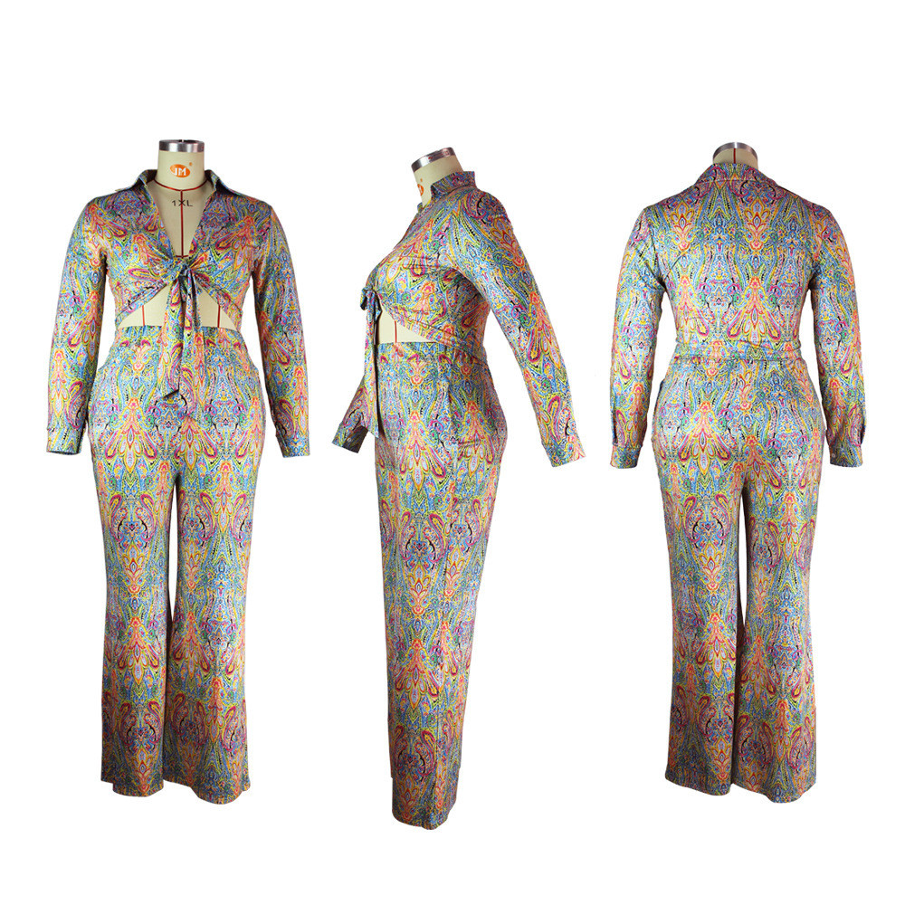 Floral Jumpsuit Western Print Lace-Up Women's Two Piece Sets