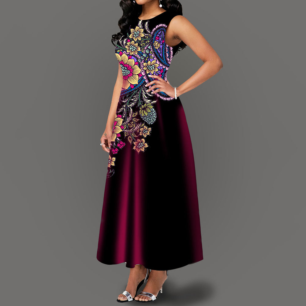 Print Sleeveless Ankle-Length Round Neck Floral Women's Dress- Maxi Dress