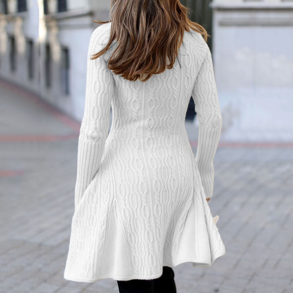 Long Sleeve Turtleneck Asymmetric Knee-Length Plain Women's Sweater Dress
