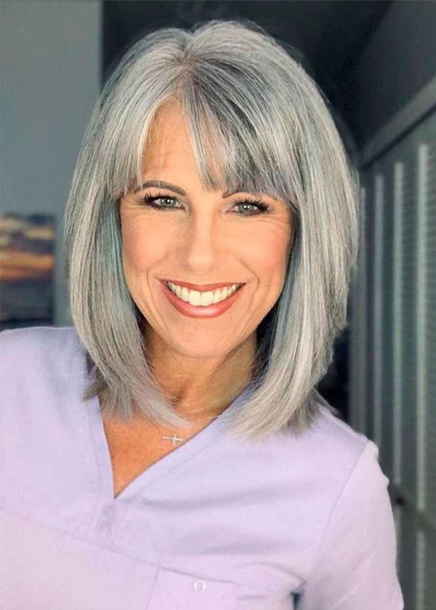 Salt and Pepper Short Bob Style Wigs Synthetic Hair Capless Straight Women 12 Inches 130% Wigs With Bangs