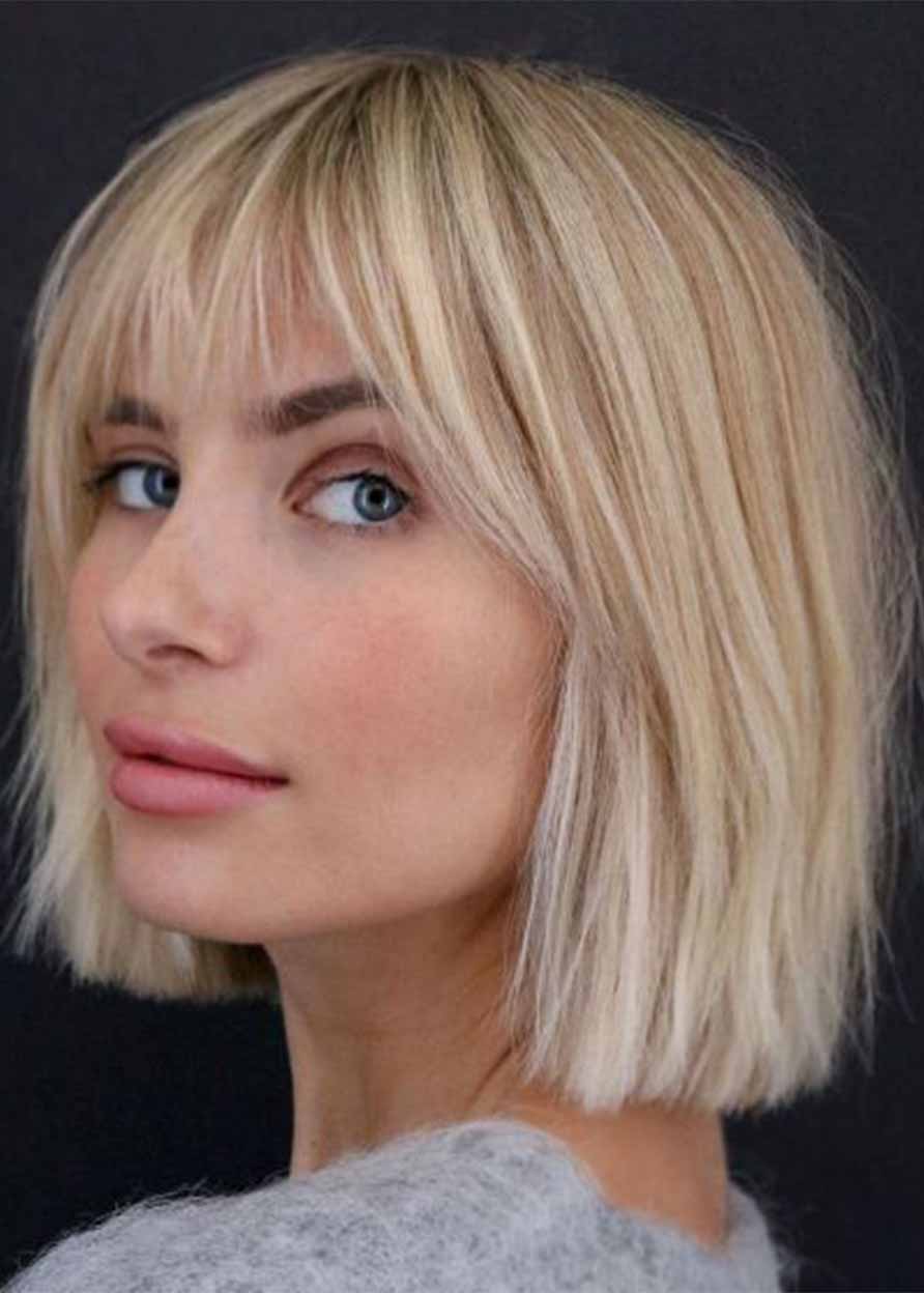 Women's Short Bob Wigs Capless Synthetic Hair Straight 12 Inches 130% Wigs With Bangs