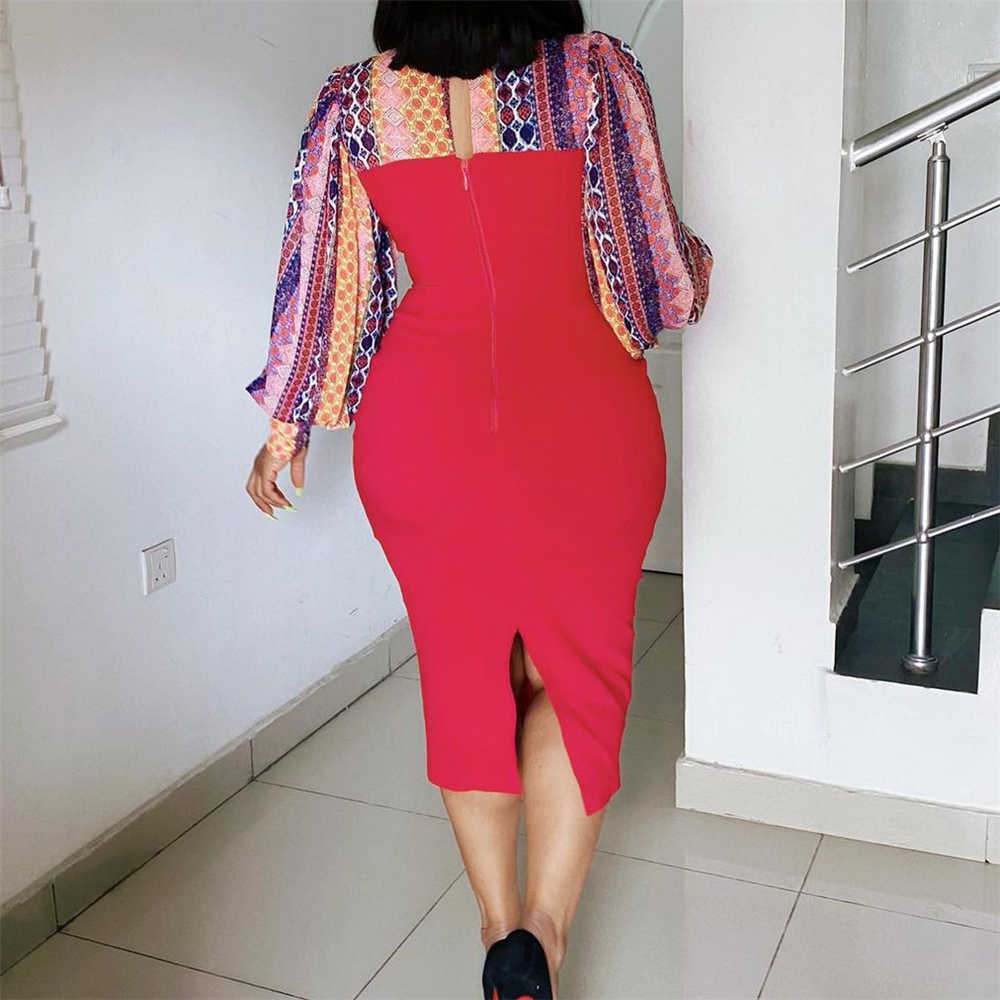 Bodycon Dress | Knee-Length Print Long Sleeve Round Neck Office Lady Women's Dress