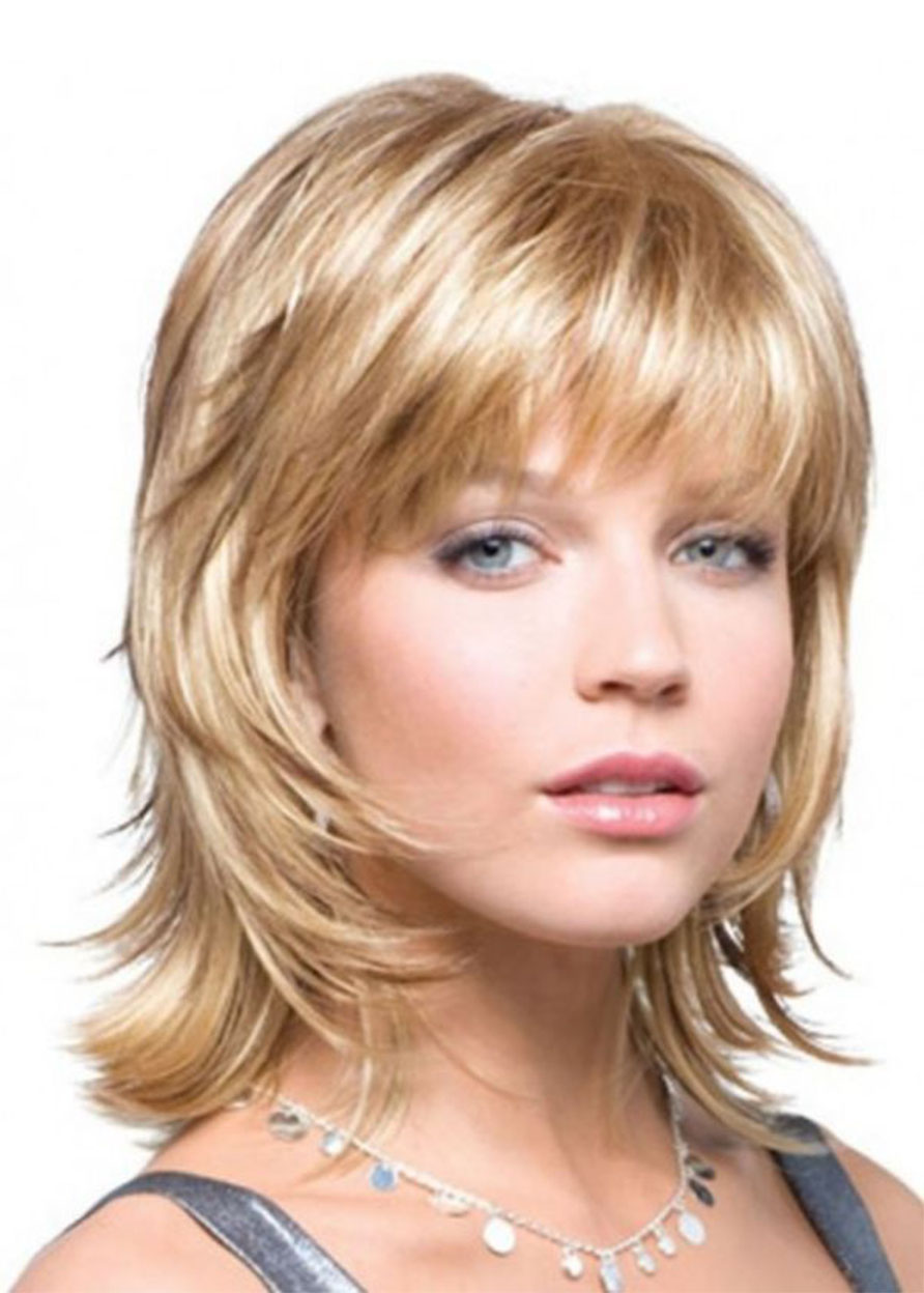 Wavy Synthetic Hair Women Capless 120% 14 Inches Wigs With Bangs
