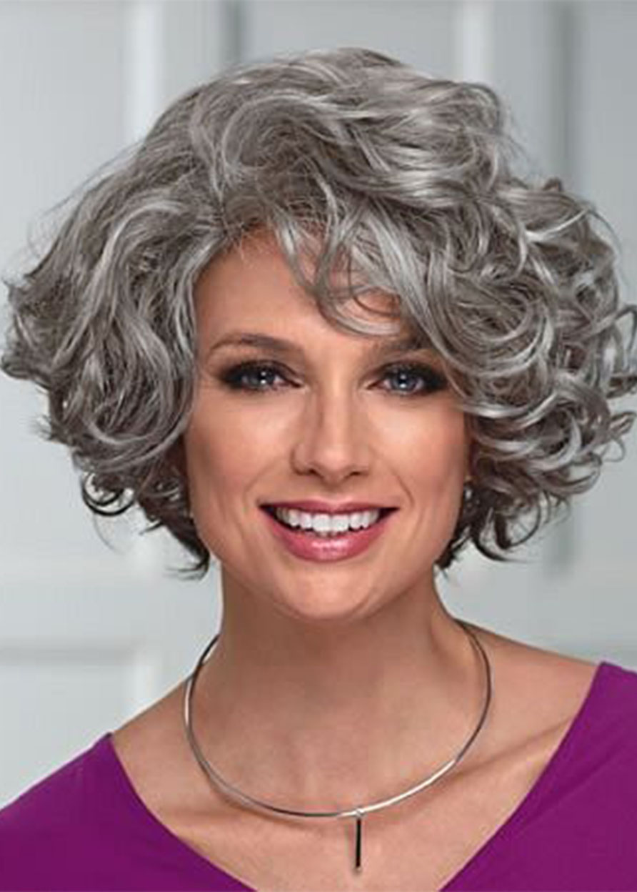 Synthetic Hair Capless Women Curly 16 Inches 120% Wigs - Grey