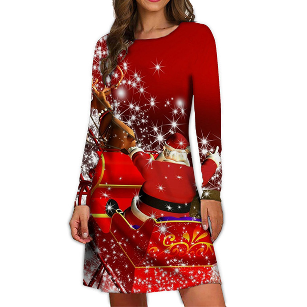 Merry Christmas Dresses - Long Sleeve Print Above Knee Round Neck Western Women's Dress