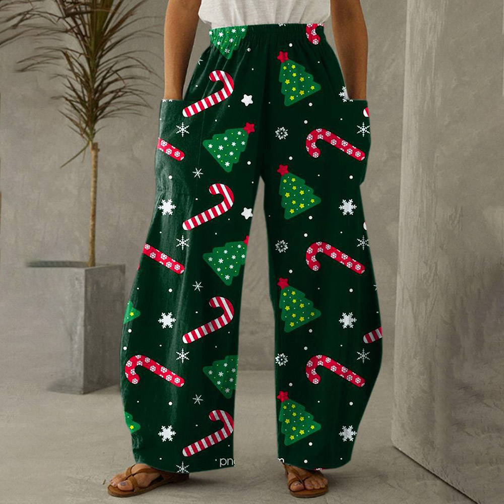 Merry Christmas Pants Floral Print Loose Full Length Women's Casual Pants
