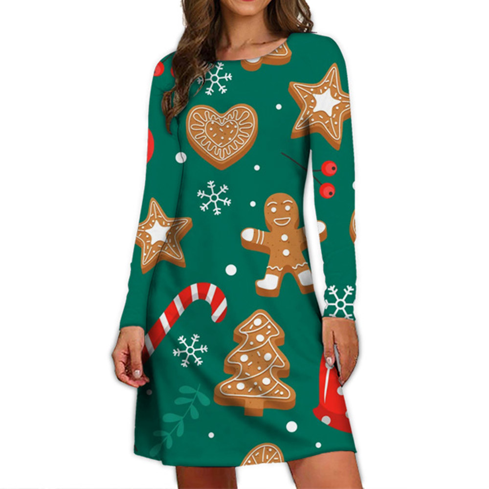 Merry Christmas Dresses - Above Knee Long Sleeve Print Round Neck Party/Cocktail Women's Dress