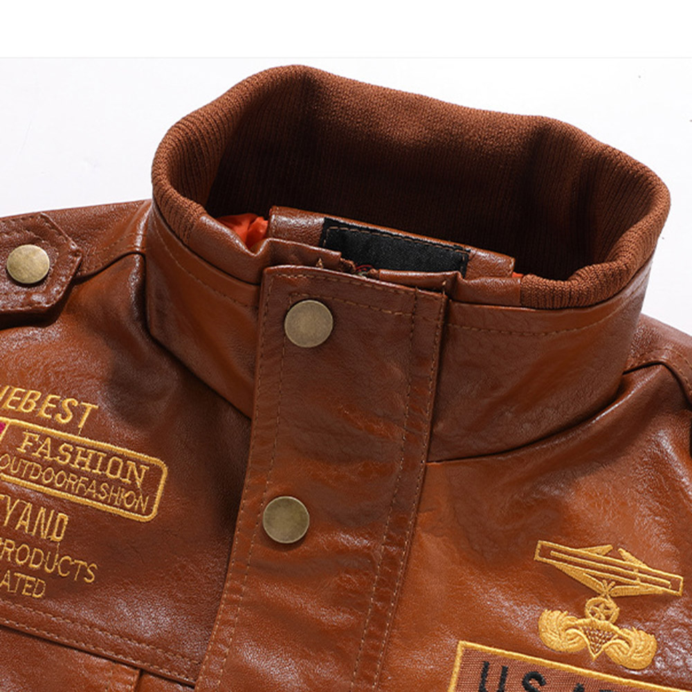 Stand Collar Letter Standard Loose Men's Leather Jacket