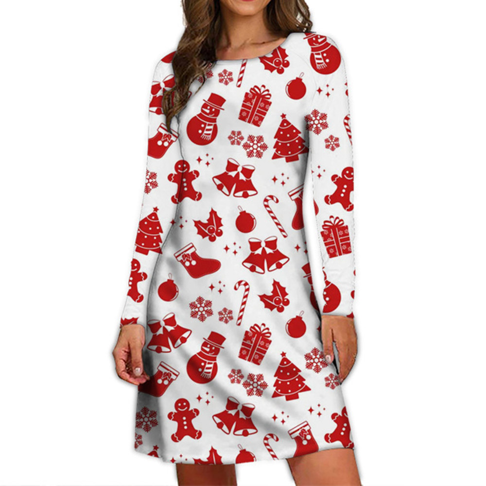 Merry Christmas Dresses - Above Knee Long Sleeve Print Round Neck Party/Cocktail Women's Dress