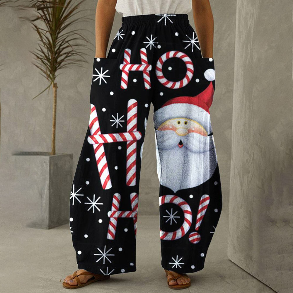 Merry Christmas Pants Floral Print Loose Full Length Women's Casual Pants