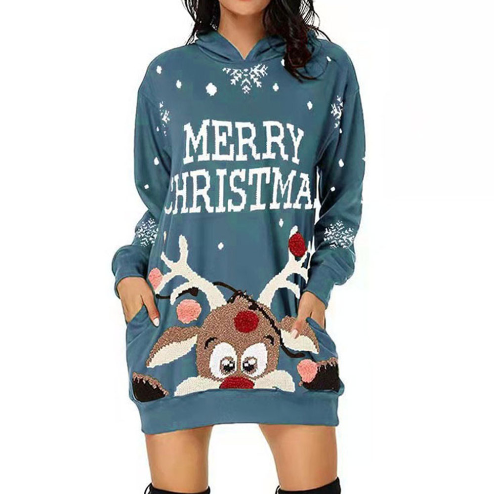 Merry Christmas Dress | Hooded Above Knee Pocket Long Sleeve Winter Women's Dress