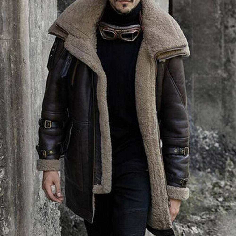 Double-Layer Plain Mid-Length Winter Men's Leather Jacket