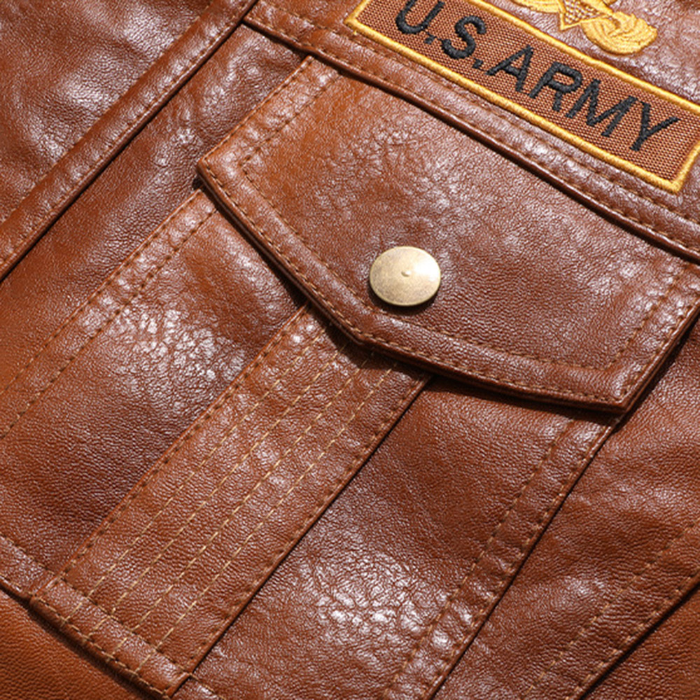 Stand Collar Letter Standard Loose Men's Leather Jacket