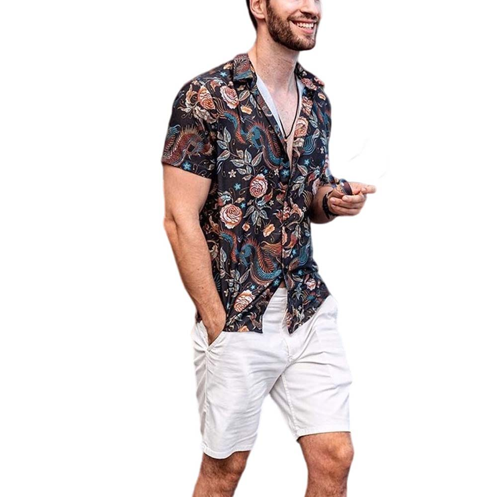 European Print Lapel Floral Single-Breasted Men's Shirt