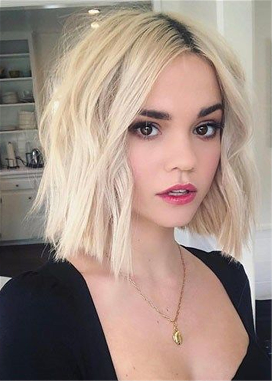 Wavy Human Hair Women Blonde Bob Middle Part Capless 120% 12 Inches Wigs