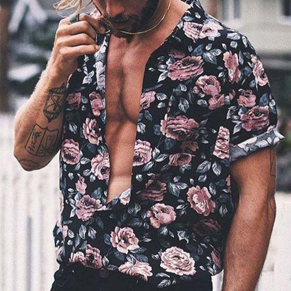 European Lapel Print Floral Loose Men's Shirt