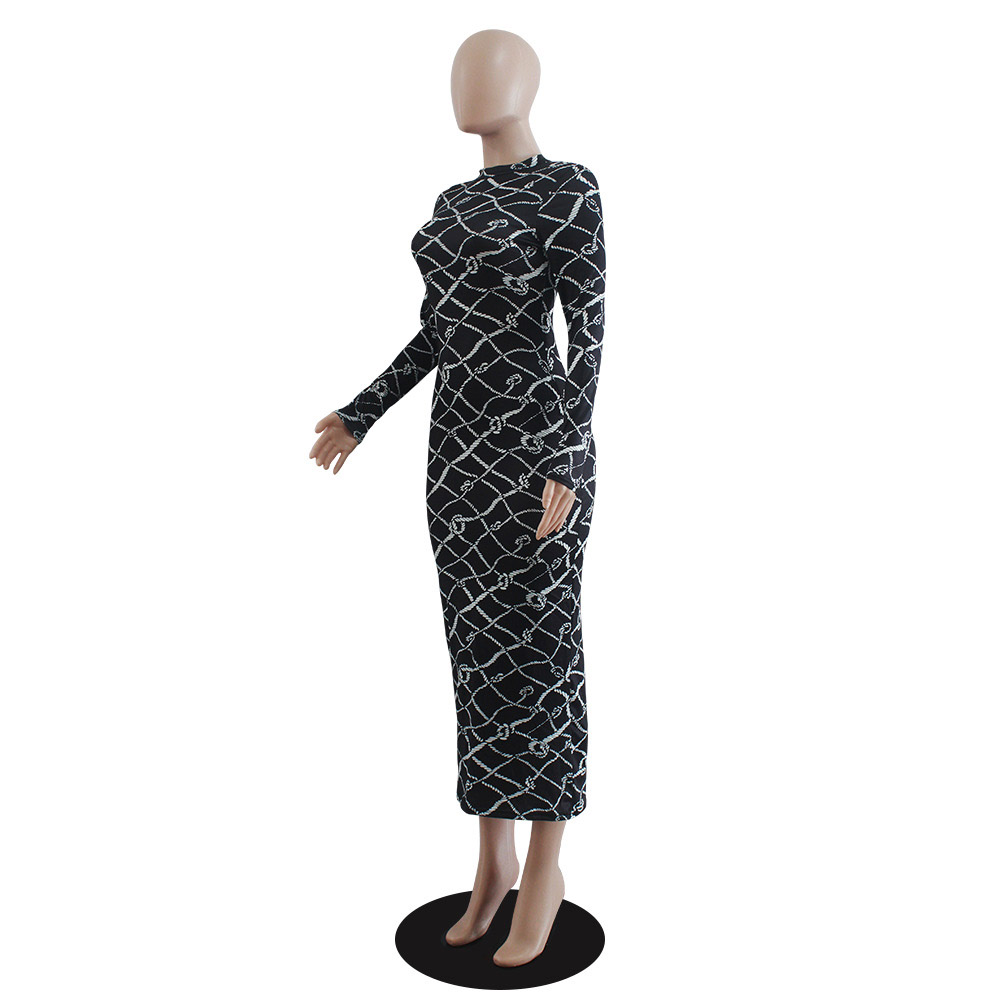 Long Sleeve Mid-Calf Print Pencil Women's Dress - Bodycon Dress