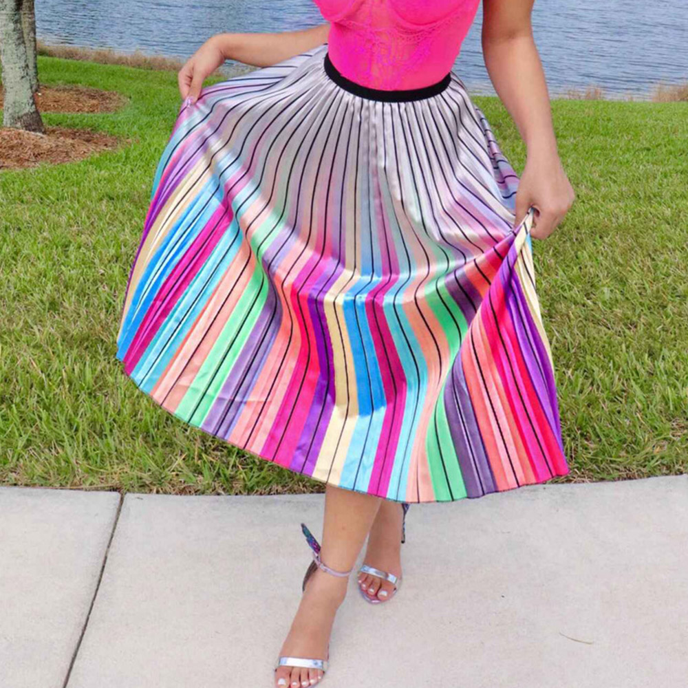 Pleated Mid-Calf Color Block Patchwork Sweet Women's Skirt