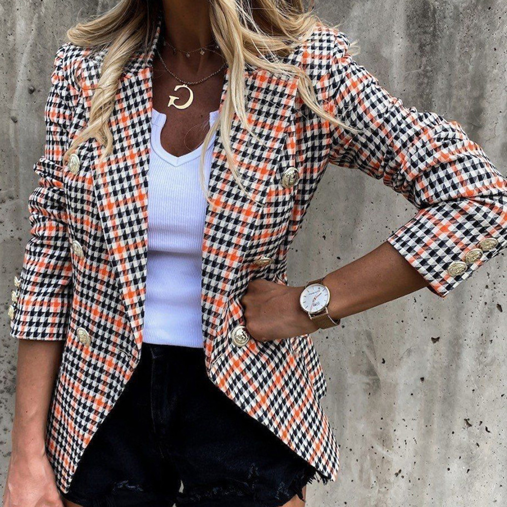 Double-Breasted Color Block Notched Lapel Sleeveless Mid-Length Women's Casual Blazer