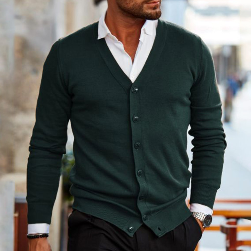 Standard V-Neck Button Plain Slim Men's Sweater